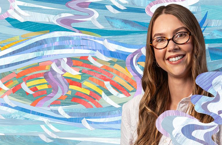 Business student Tahlia smiles against an illustrated background of swirling blue waves.